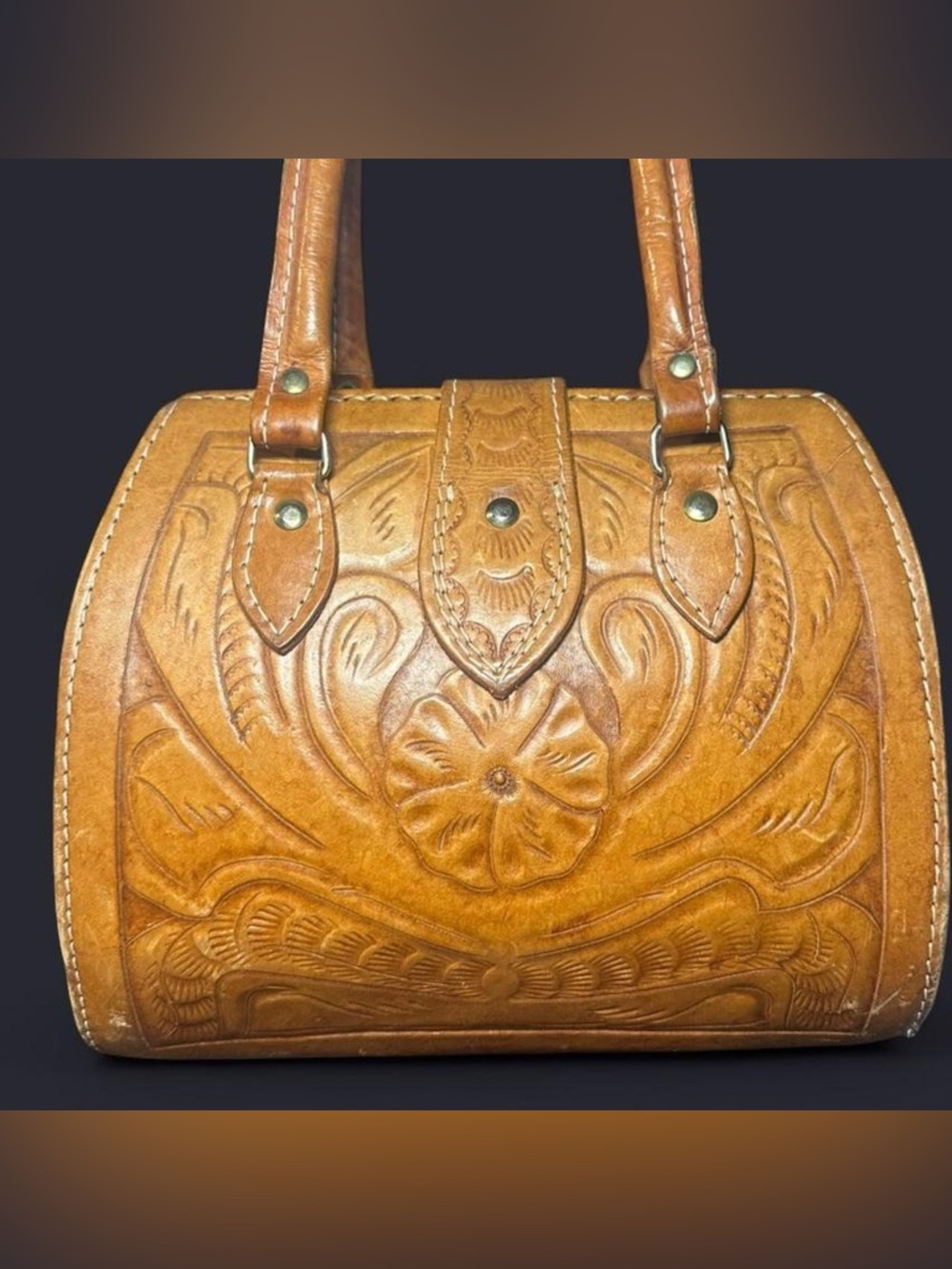 Vintage Mexican Tooled Leather Satchel Handbag - Tan - Picture 5 of 7
